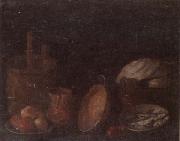 unknow artist Still life of apples and herring in bowls,a beaten copper jar,a pan and other kitchen implements china oil painting artist